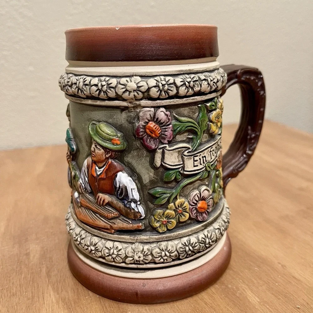 Vintage‎ Thewalt ? German Beer Stein 3D Floral Musician Scene Colorful